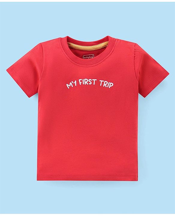 Babyhug Cotton Knit City Printed Dungaree with Half Sleeves Inner Tee - Red & White