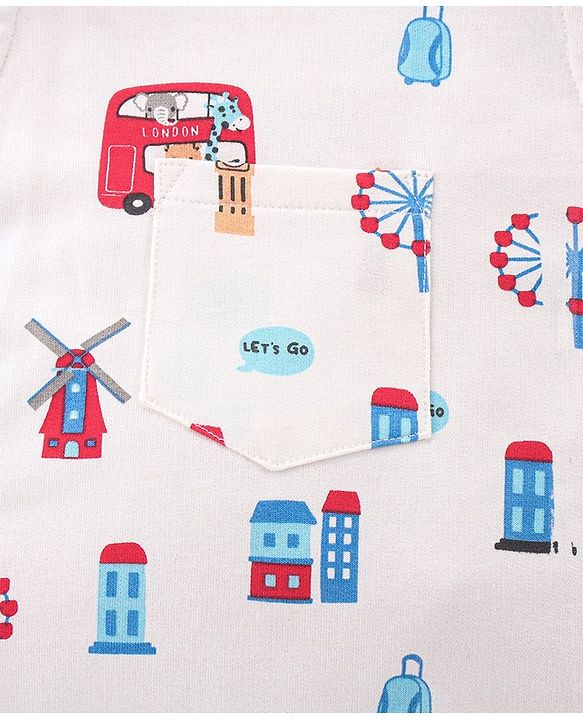 Babyhug Cotton Knit City Printed Dungaree with Half Sleeves Inner Tee - Red & White