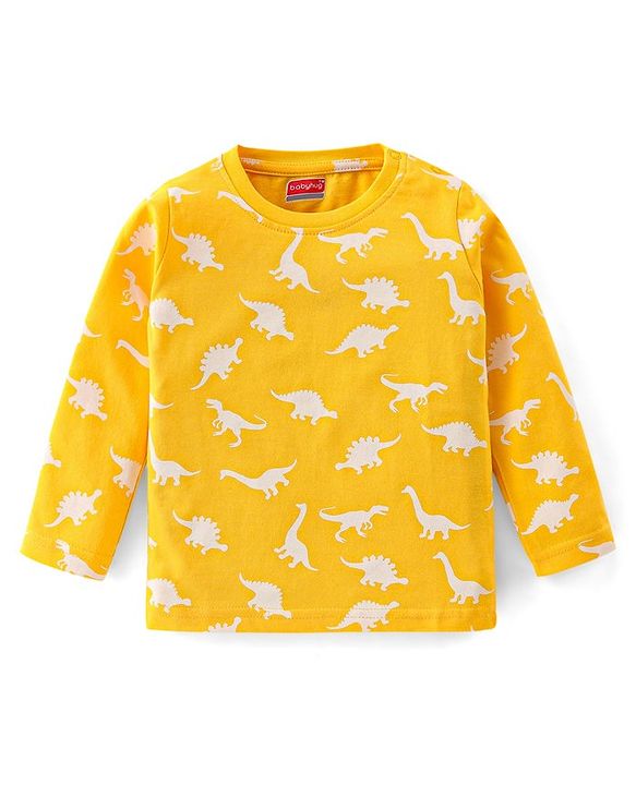 Babyhug Cotton Knit Full Sleeves Dino Printed Night Suit - Yellow