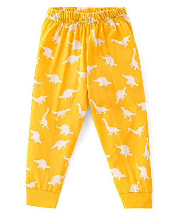 Babyhug Cotton Knit Full Sleeves Dino Printed Night Suit - Yellow