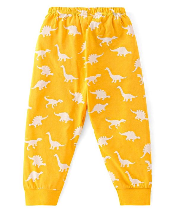 Babyhug Cotton Knit Full Sleeves Dino Printed Night Suit - Yellow