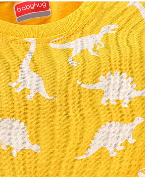Babyhug Cotton Knit Full Sleeves Dino Printed Night Suit - Yellow