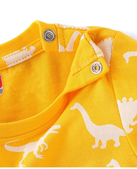 Babyhug Cotton Knit Full Sleeves Dino Printed Night Suit - Yellow