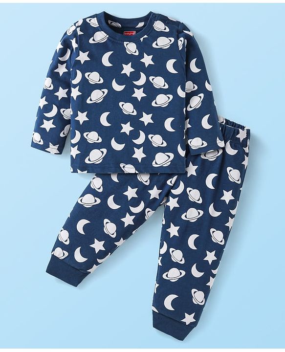 Babyhug Single Jersey Full Sleeves Night Suit Stars Print - Navy Blue