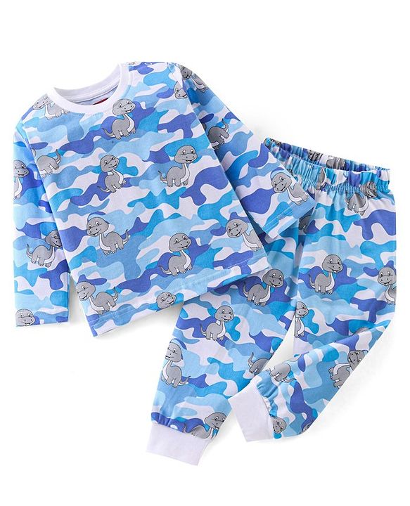 Babyhug Cotton Knit Full Sleeves Dino Printed Night Suit - Blue