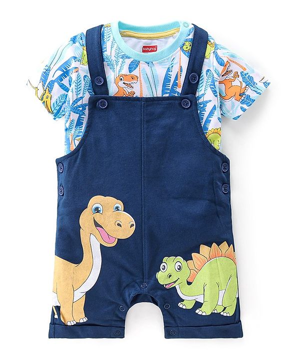 Babyhug 100% Cotton Knit Single Jersey Dungaree and Half Sleeves T-Shirt Set Dino Print - Blue