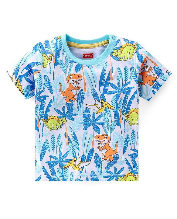 Babyhug 100% Cotton Knit Single Jersey Dungaree and Half Sleeves T-Shirt Set Dino Print - Blue