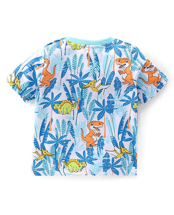 Babyhug 100% Cotton Knit Single Jersey Dungaree and Half Sleeves T-Shirt Set Dino Print - Blue