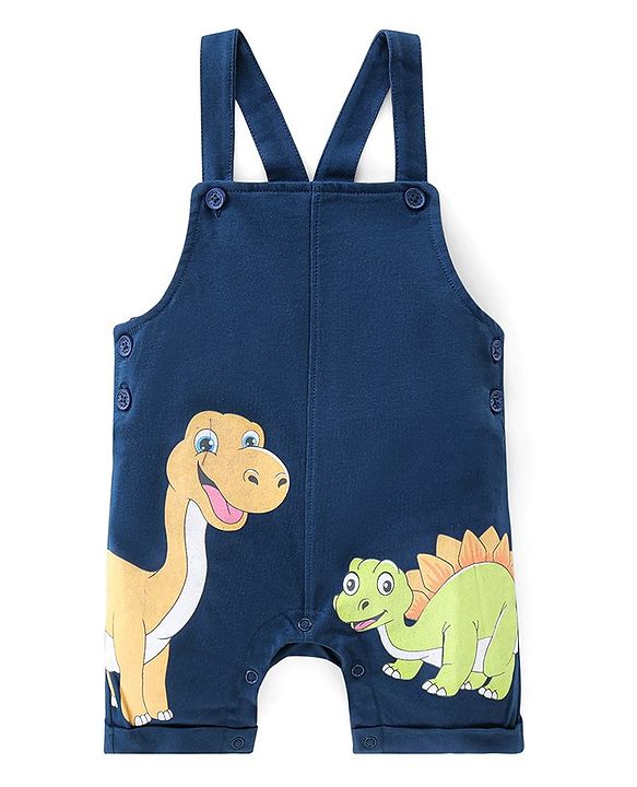 Babyhug 100% Cotton Knit Single Jersey Dungaree and Half Sleeves T-Shirt Set Dino Print - Blue