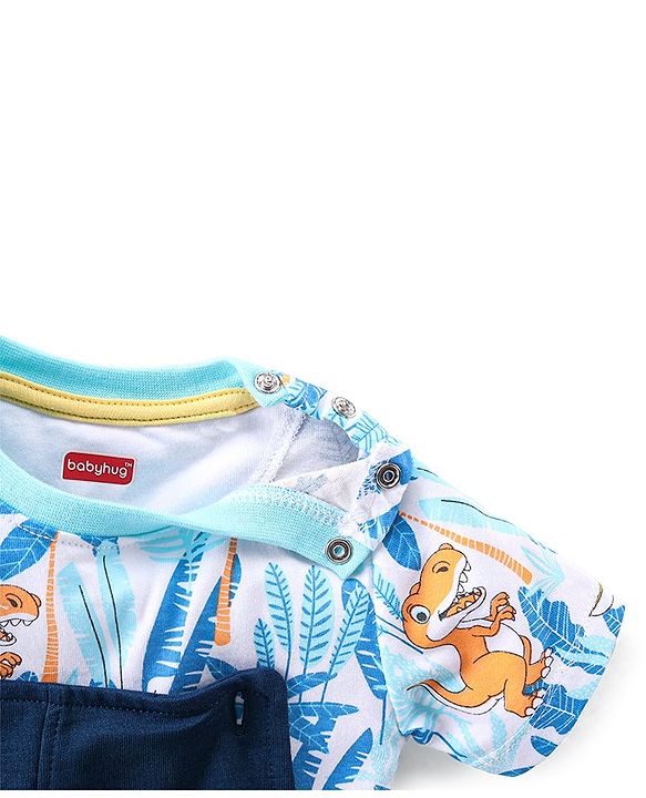 Babyhug 100% Cotton Knit Single Jersey Dungaree and Half Sleeves T-Shirt Set Dino Print - Blue