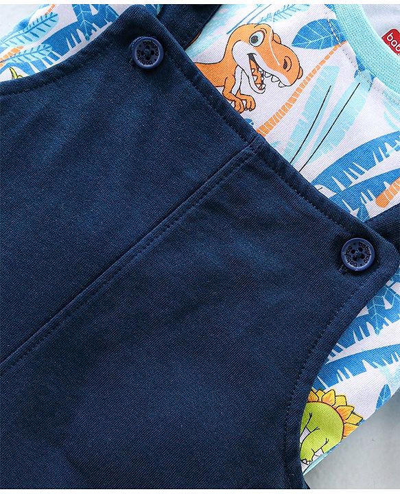 Babyhug 100% Cotton Knit Single Jersey Dungaree and Half Sleeves T-Shirt Set Dino Print - Blue