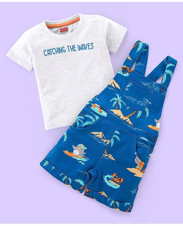 Babyhug Cotton Knit Beach Printed Dungaree with Half Sleeves Inner Tee - White Melange & Blue