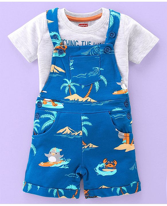 Babyhug Cotton Knit Beach Printed Dungaree with Half Sleeves Inner Tee - White Melange & Blue