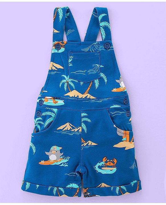 Babyhug Cotton Knit Beach Printed Dungaree with Half Sleeves Inner Tee - White Melange & Blue
