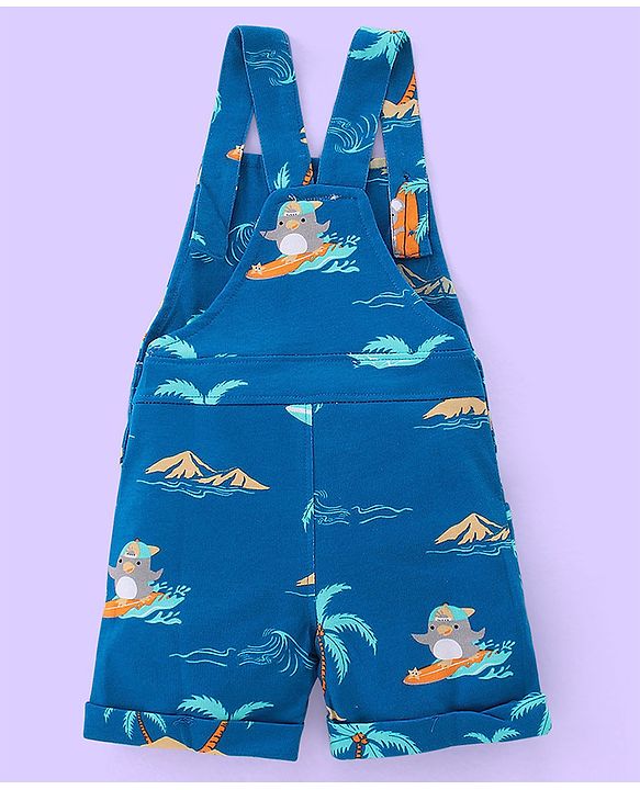 Babyhug Cotton Knit Beach Printed Dungaree with Half Sleeves Inner Tee - White Melange & Blue