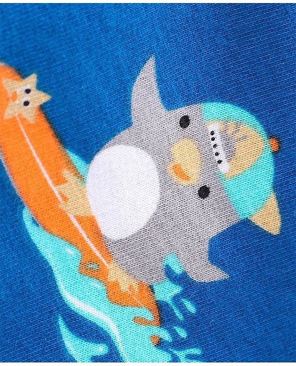 Babyhug Cotton Knit Beach Printed Dungaree with Half Sleeves Inner Tee - White Melange & Blue