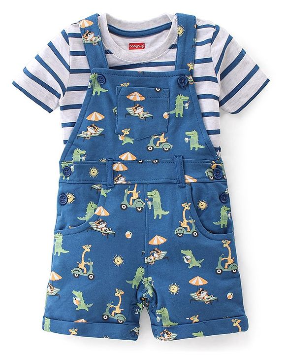 Babyhug 100% Cotton Knit Dungaree & Half Sleeves T-Shirt Set Striped & Crocodile Print - Blue & White