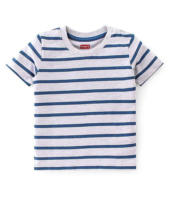 Babyhug 100% Cotton Knit Dungaree & Half Sleeves T-Shirt Set Striped & Crocodile Print - Blue & White