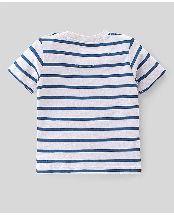 Babyhug 100% Cotton Knit Dungaree & Half Sleeves T-Shirt Set Striped & Crocodile Print - Blue & White