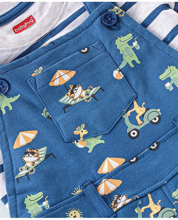 Babyhug 100% Cotton Knit Dungaree & Half Sleeves T-Shirt Set Striped & Crocodile Print - Blue & White