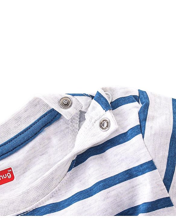 Babyhug 100% Cotton Knit Dungaree & Half Sleeves T-Shirt Set Striped & Crocodile Print - Blue & White