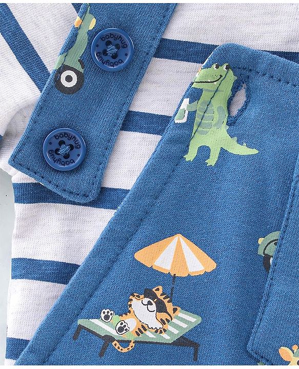 Babyhug 100% Cotton Knit Dungaree & Half Sleeves T-Shirt Set Striped & Crocodile Print - Blue & White