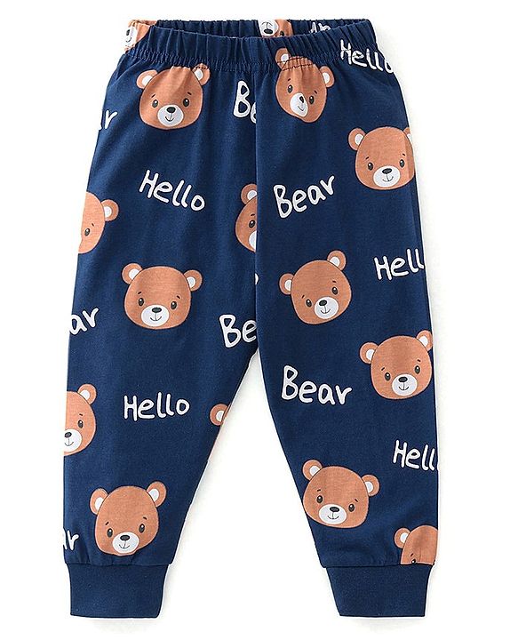 Babyhug Single Jersey Knit Full Sleeves Teddy Printed Night Suit - Navy Blue