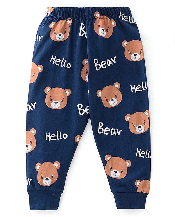 Babyhug Single Jersey Knit Full Sleeves Teddy Printed Night Suit - Navy Blue