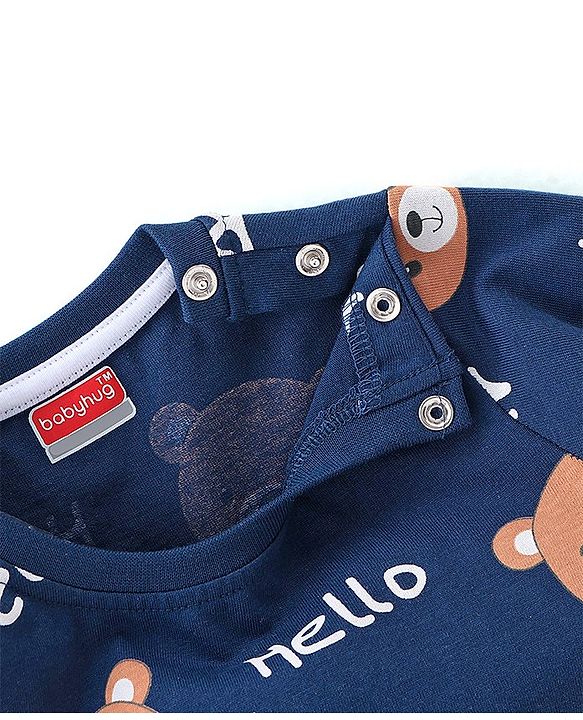 Babyhug Single Jersey Knit Full Sleeves Teddy Printed Night Suit - Navy Blue