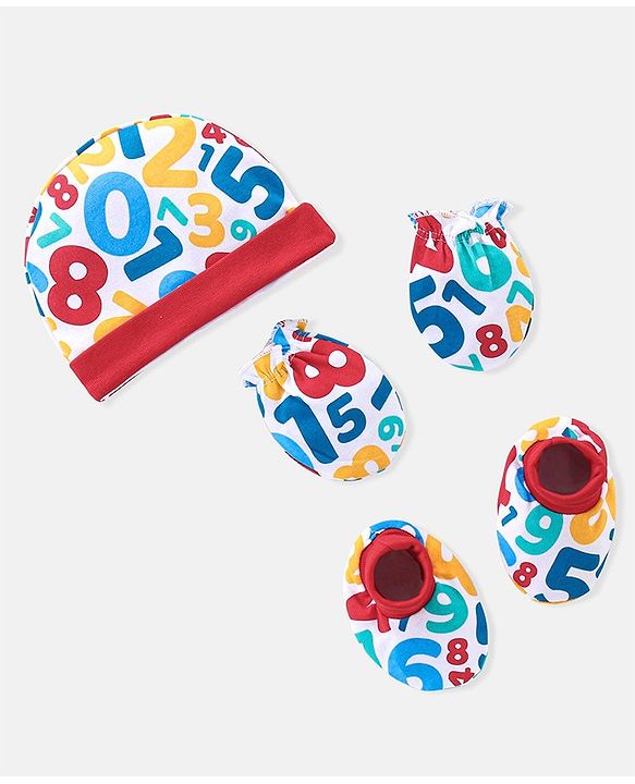 Babyhug 100% Cotton Knit Cap Mittens & Booties Set Numbers Print - Red & White