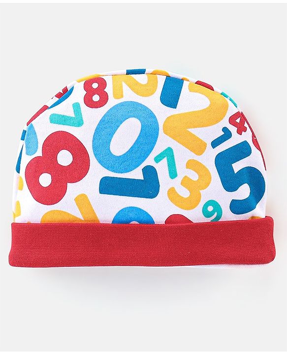 Babyhug 100% Cotton Knit Cap Mittens & Booties Set Numbers Print - Red & White