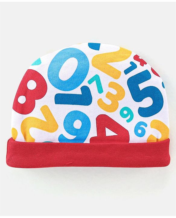 Babyhug 100% Cotton Knit Cap Mittens & Booties Set Numbers Print - Red & White