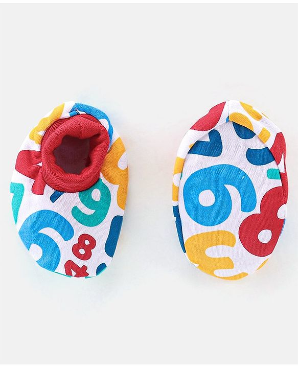 Babyhug 100% Cotton Knit Cap Mittens & Booties Set Numbers Print - Red & White