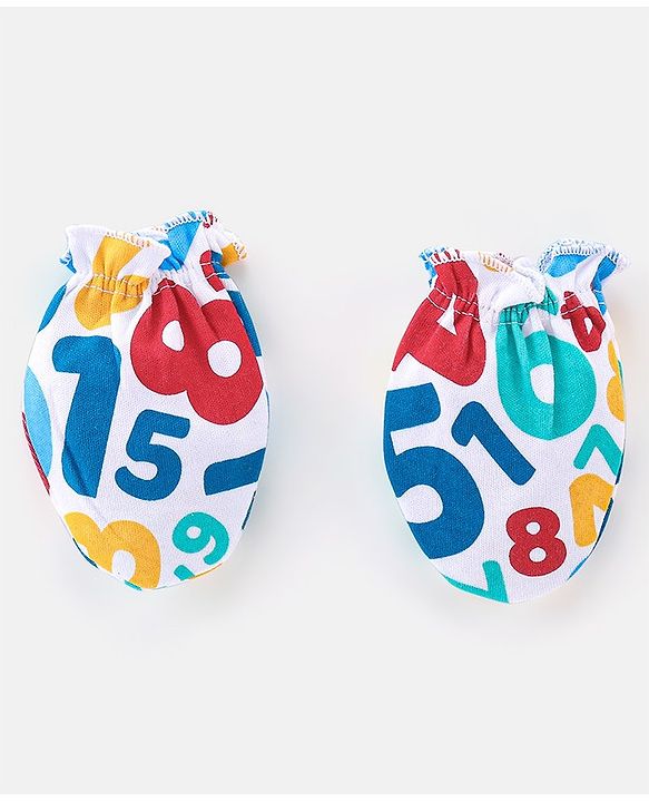 Babyhug 100% Cotton Knit Cap Mittens & Booties Set Numbers Print - Red & White