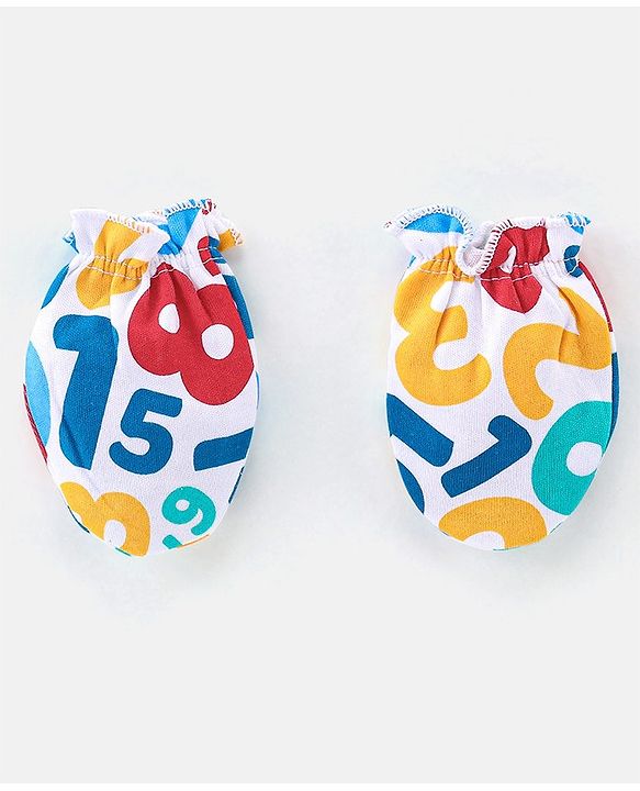 Babyhug 100% Cotton Knit Cap Mittens & Booties Set Numbers Print - Red & White