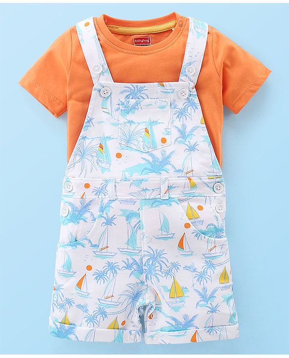 Babyhug Cotton Knit Beach Printed Dungaree with Half Sleeves Inner Tee - Orange Blue & White