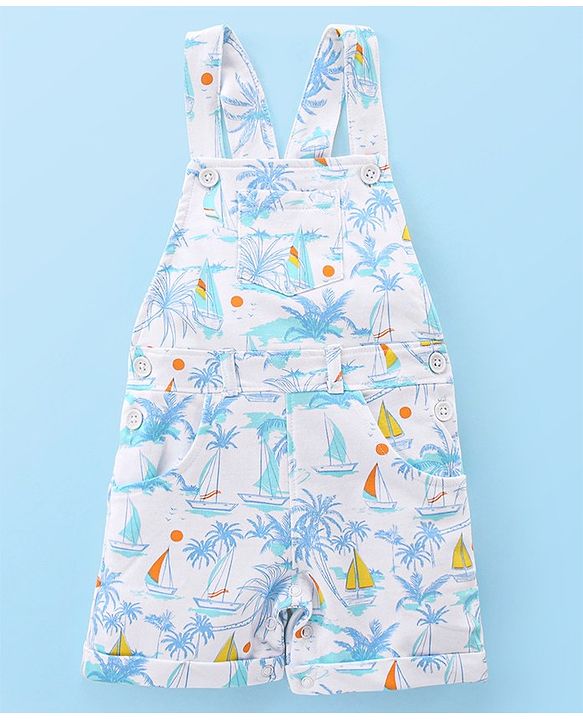 Babyhug Cotton Knit Beach Printed Dungaree with Half Sleeves Inner Tee - Orange Blue & White
