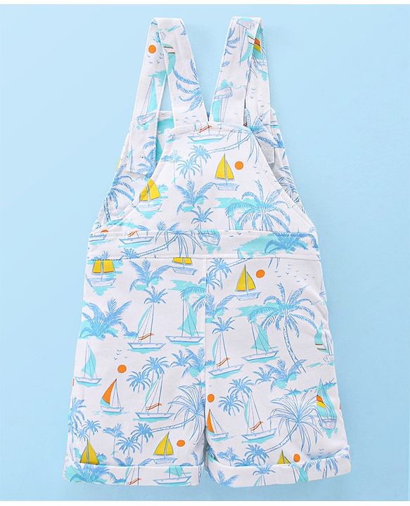 Babyhug Cotton Knit Beach Printed Dungaree with Half Sleeves Inner Tee - Orange Blue & White