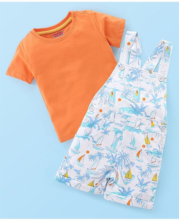 Babyhug Cotton Knit Beach Printed Dungaree with Half Sleeves Inner Tee - Orange Blue & White