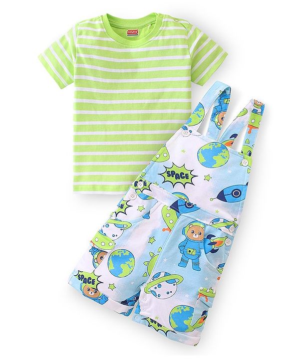 Babyhug 100% Cotton Knit Dungaree & Half Sleeves T-Shirt With Striped & Space Theme Print - Green & Blue