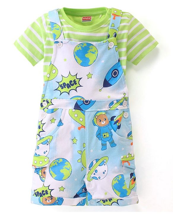 Babyhug 100% Cotton Knit Dungaree & Half Sleeves T-Shirt With Striped & Space Theme Print - Green & Blue