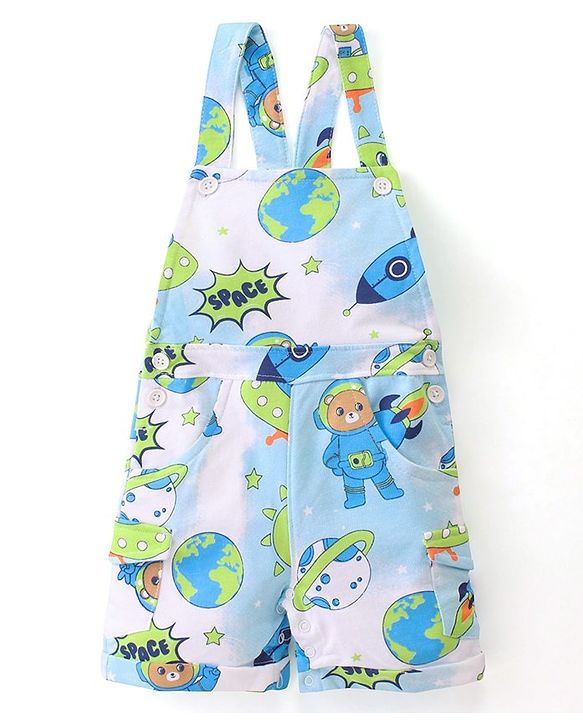 Babyhug 100% Cotton Knit Dungaree & Half Sleeves T-Shirt With Striped & Space Theme Print - Green & Blue