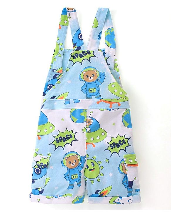 Babyhug 100% Cotton Knit Dungaree & Half Sleeves T-Shirt With Striped & Space Theme Print - Green & Blue