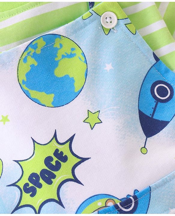 Babyhug 100% Cotton Knit Dungaree & Half Sleeves T-Shirt With Striped & Space Theme Print - Green & Blue