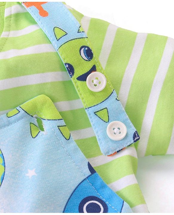 Babyhug 100% Cotton Knit Dungaree & Half Sleeves T-Shirt With Striped & Space Theme Print - Green & Blue