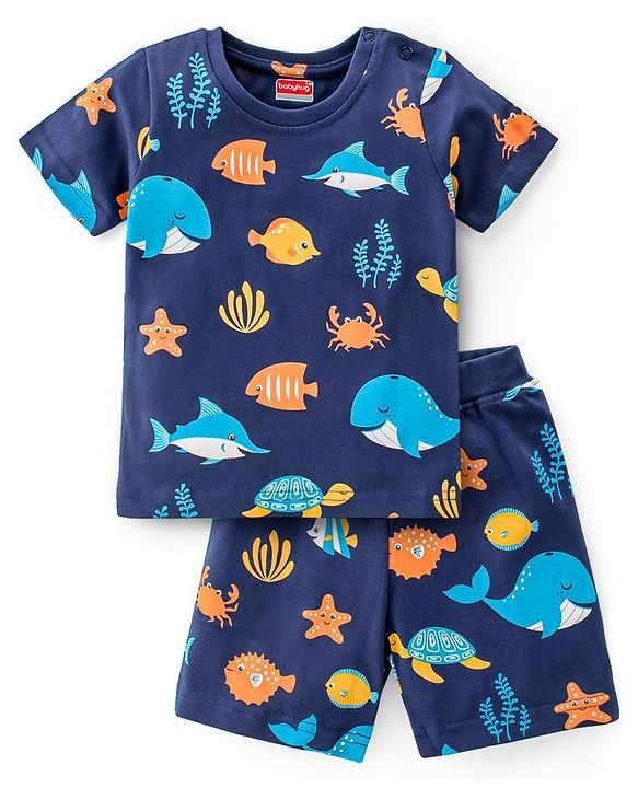 Babyhug Single Jersey Knit Half Sleeves Night Suit With Sea Life Print - Navy Blue