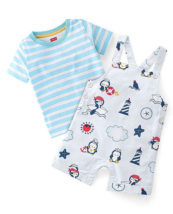 Babyhug 100% Cotton Knit Dungaree & Half Sleeves T-Shirt Set With Penguin Print - Blue & Grey