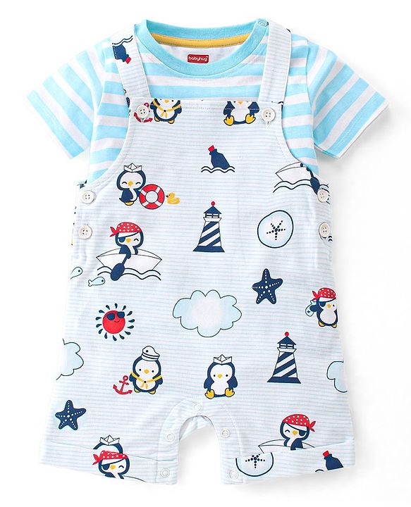 Babyhug 100% Cotton Knit Dungaree & Half Sleeves T-Shirt Set With Penguin Print - Blue & Grey