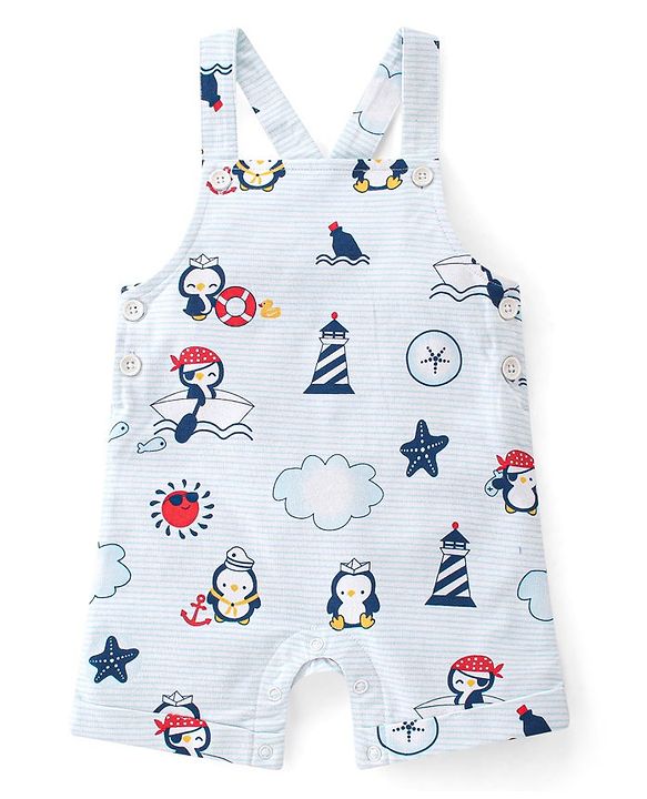 Babyhug 100% Cotton Knit Dungaree & Half Sleeves T-Shirt Set With Penguin Print - Blue & Grey