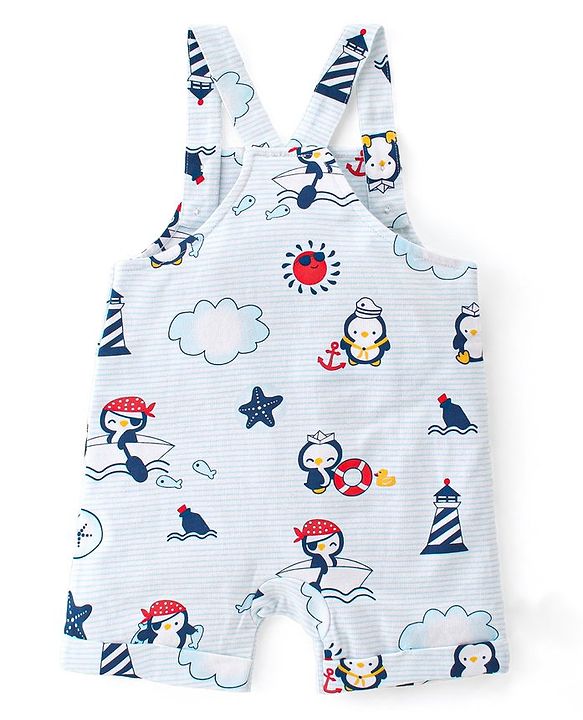 Babyhug 100% Cotton Knit Dungaree & Half Sleeves T-Shirt Set With Penguin Print - Blue & Grey